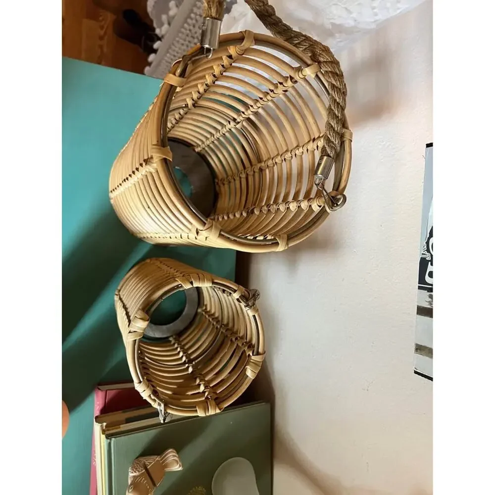 Set of 2 Coastal Woven Lantern Baskets / Candle Holders